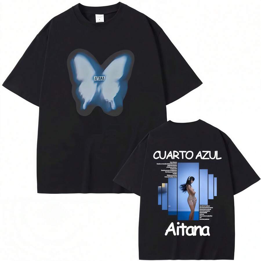 Singer 's Fourth Blue Album Graphic T-Shirt, Fashion T-Shirt For Men And Women, Pop Music T-Shirts, Casual Cotton Oversized T-Shirts - 黑色 - 查看 1