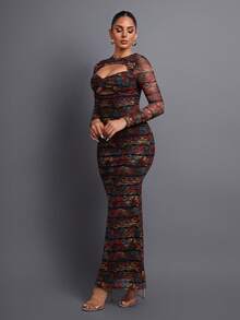 优雅印花镂空网纱女士晚礼服，适合派对、正式晚宴、时尚活动、摄影、夜间活动、婚礼度假派对等场合。 - 棕色 - 查看 9