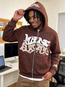 Retro Star And Letter Printed Zipper Hoodies 2025 Spring Autumn Harajuku Y2K Women And Men Fashion Hip Hop Long Sleeve Hooded Avant-Garde - Street Casual Spring/Fall Loose Zipper Pocket Patched - 棕色 - 查看 2