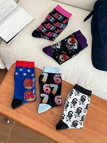 5 双街头风 67 号卡通甜甜圈印花中筒袜，百搭 - 彩色 - 查看 5