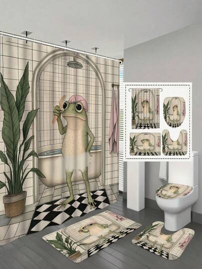 1/4pcs Frog Vintage Funny Shower Curtain Set, Animal Humorous Retro Bathroom Set Accessories Decor, Waterproof Polyester Shower Curtain, Non-Slip Bath Mat, U-Shaped Carpet, Toilet Lid With 12 Hooks - Modern Style, Suitable For Home Decor, Bathroom Decor And Accessories, Easy To Clean And Maintain, Exquisite Housewarming Gift - Fit For All Seasons