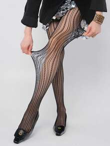 Slimming Striped Pantyhose, Women Fishnet Leggings, Lace Hollow Out Mesh Stockings, High Elasticity Skinny Leggings - Black - View 2