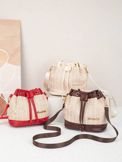 2026 New Arrival High-End Color-Matching Fashion Women's Bag, New Hollow Bucket Bag, Korean Style Ladies Diagonal Shoulder Straw Woven Bag