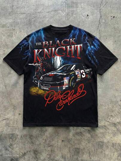 Men's Round Neck Casual Short Sleeve T-Shirt With Racing Car Elements