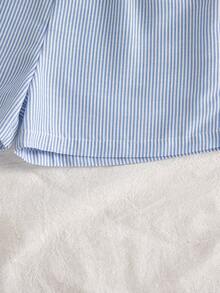 Conjunto de verão feminino com duas peças: conjunto sem mangas com estampa floral e listras em estilo retrô, ideal para atividades ao ar livre. - Azul - Ver 5