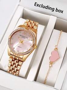 2pcs/Set Women's Fashion Niche Elegant Wrist Watch, Luxury Quartz Watch With Heart Shaped Design - Pink - View 1