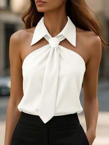 Women's Casual Elegant Versatile Solid Color Collar Tie Halter Sleeveless Zipper Business Design Classic Top, Spring/Summer White - White - View 3