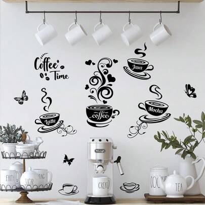 咖啡时光咖啡馆酒吧猫头鹰墙贴，摩卡拿铁爪哇图案，厨房防水家居墙贴装饰