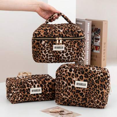 Set de 1/3 bolsas de maquillaje de viaje de gran capacidad, bolsa de aseo acolchada de viaje, bolsa de aseo de viaje portátil con cremallera de estampado de leopardo, bolsa de cosméticos de estilo bohemio, bolsa de almacenamiento portátil, bolsa de aseo, bolsa de almacenamiento de artículos de viaje, suministros escolares, bolsa de maquillaje de tela suave, cartera y bolso de moda para mujer, adecuado para el hogar, viajes, vacaciones, escuela, artículos esenciales para el dormitorio, regalo para dama de honor, regalo del Día de la Madre, regalo de cumpleaños