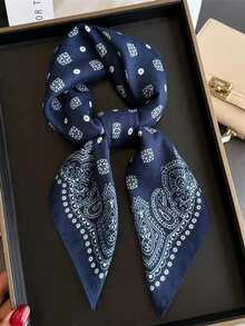 1条简约印花70厘米方形围巾，新款春季女士头巾，多功能腰带、头巾、时尚领巾 - 藏蓝色 - 查看 1