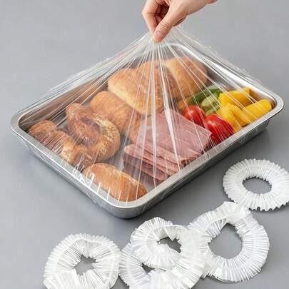 200片装大号透明食品保鲜膜，食品托盘保鲜膜，厨房食品保鲜膜，塑料袋，食品储存袋，面包保鲜膜，白色食品保鲜膜，塑料包装膜，PE保鲜膜袋，厨房收纳，家用塑料包装