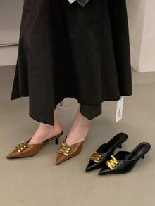 2026 Spring New Metal Flower Pointed Toe High Heel Mules, Elegant Gold Color Slip-On Sandals For Women - Brown - View 4