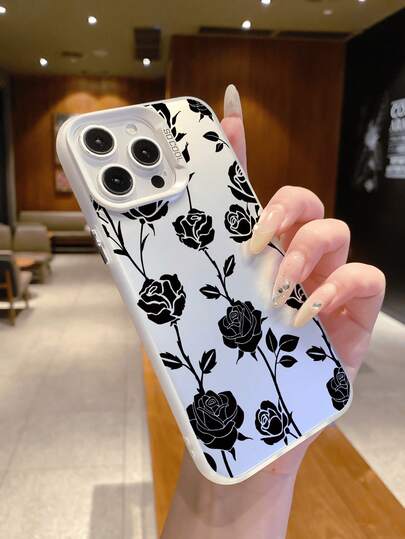 1pc IMD 3-In-1 Colorful Silver High-End Matte Anti-Fall, Anti-Fingerprint, Wear-Resistant Rose Silhouette Pattern Slim Phone Case Compatible With IPhone 17/17pro/17promax/17Air/16/15/14/13/12/11, , Series