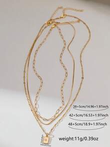 3pcs/Set Kalung Liontin Berlapis Rantai Bilah Pipih Kawat Emas Stainless Steel, Dengan Liontin Klip Kertas Persegi Emas, Cocok Untuk Wanita Kenakan Saat Liburan dan Pesta - Yellow Gold - View 2