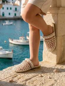 1 Pair Girls' Summer Fashion Slippers, Asymmetrical Woven Beige Upper, Slip-On Peep Toe Sandals, Suitable For Home, Beach, Walking - Beige - View 3