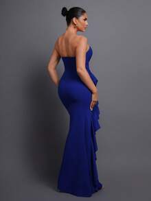 Women's Strapless Ruffle Trim Evening Dress, Elegant High-End Formal Gown With Layered Fabric Details, Suitable For Formal Dinners, Fashion Photography, Luxury Galas, Romantic Nights, Stylish Gatherings Spring Wedding Party - Royal Blue - View 3