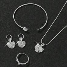 5件套女士合金石英表，阿拉伯数字表盘，时尚休闲经典款，搭配钻石心形手链、项链、戒指、耳环首饰套装，适合日常佩戴、装饰、送礼或节日礼物。 - 銀色 - 查看 6