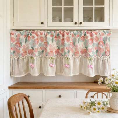 1 pieza Cortina de cenefa con tulipanes rosas estilo pastoral, tratamiento de ventana semitransparente que filtra la luz con decoración de tulipanes 3D, mezcla de algodón y lino con estilo rústico para cocina, baño, dormitorio, sala de estar con ojal superior