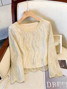 优雅奢华串珠亮片杏色长袖圆领上衣 - 适合派对、活动、节日、盛会（装饰繁复）春季 - 杏色 - 查看 7