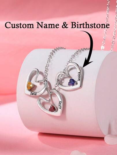 Personalized Birthstone Name Necklace, Family Heart Pendant, Customized Name Necklace, Heart Birthstone Jewelry, Family Name Jewelry, Mother's Gift