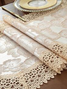 Camino de mesa de jacquard liso 100% poliéster estilo vintage francés de granja con ribete de encaje floral de volutas huecas en forma de abanico, bufanda de mesa con borlas para mesa de desayuno nupcial, decoración rústica de cocina de cabaña - Caqui - Ver 7
