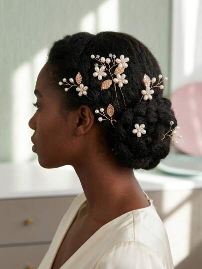 7pcs/Set Faux Pearl Flower & Leaf Bridal Hair Pins, Hand-Wired U-Shaped Wedding Hair Clips Accessories For Women,Elegant Faux Pearl Floral Hair Pins, Fairy Style Gold Wire Wrapped Bridal Hair Forks For Prom Wedding