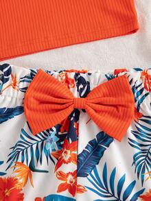 Young Girls Sleeveless Ruffle Trim Camisole Top + Sunflower Print Bow Shorts Set - Orange - View 6