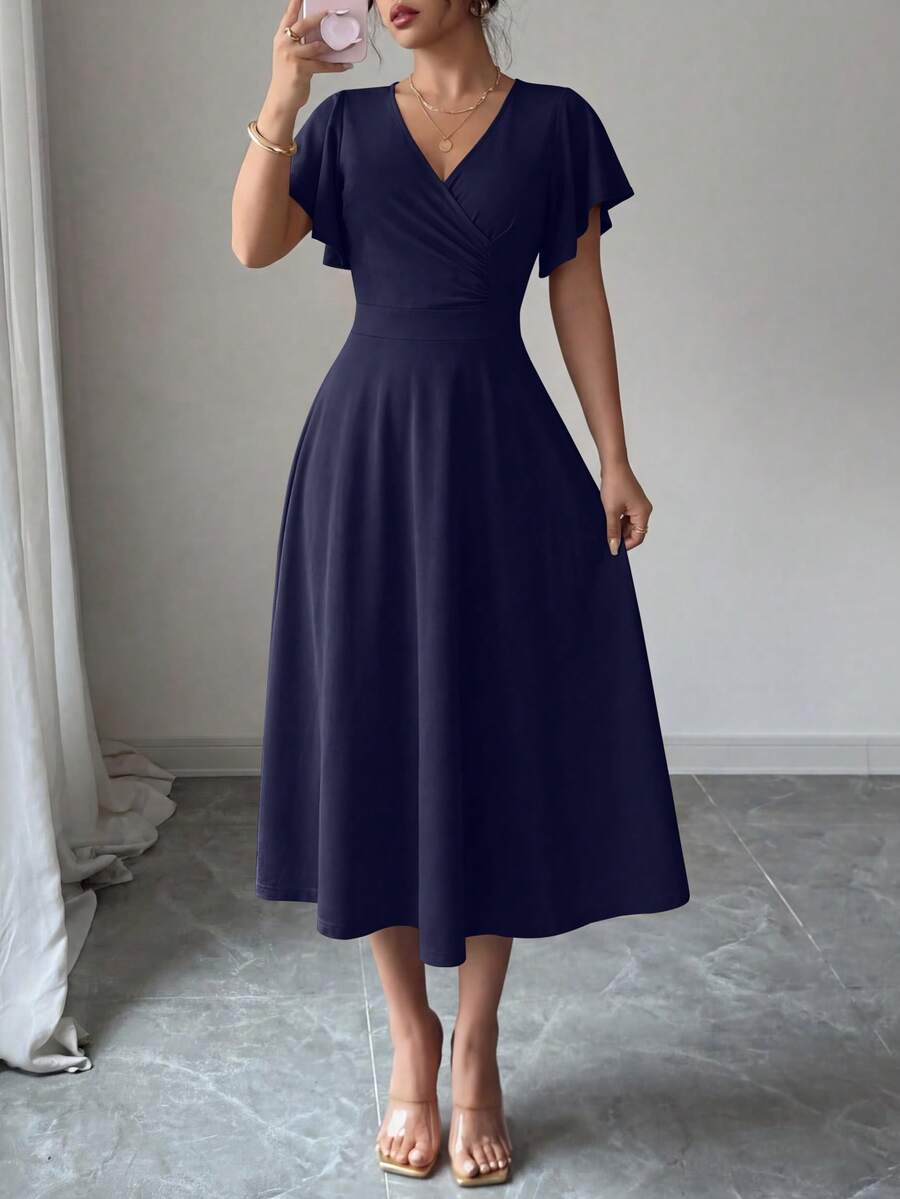 Women's Summer Mid-Length Dress Ruffled Sleeve Covered V-Neck Elegant Wedding Party Swing A-Line Slim Flared Dress - Navy Blue - View 1