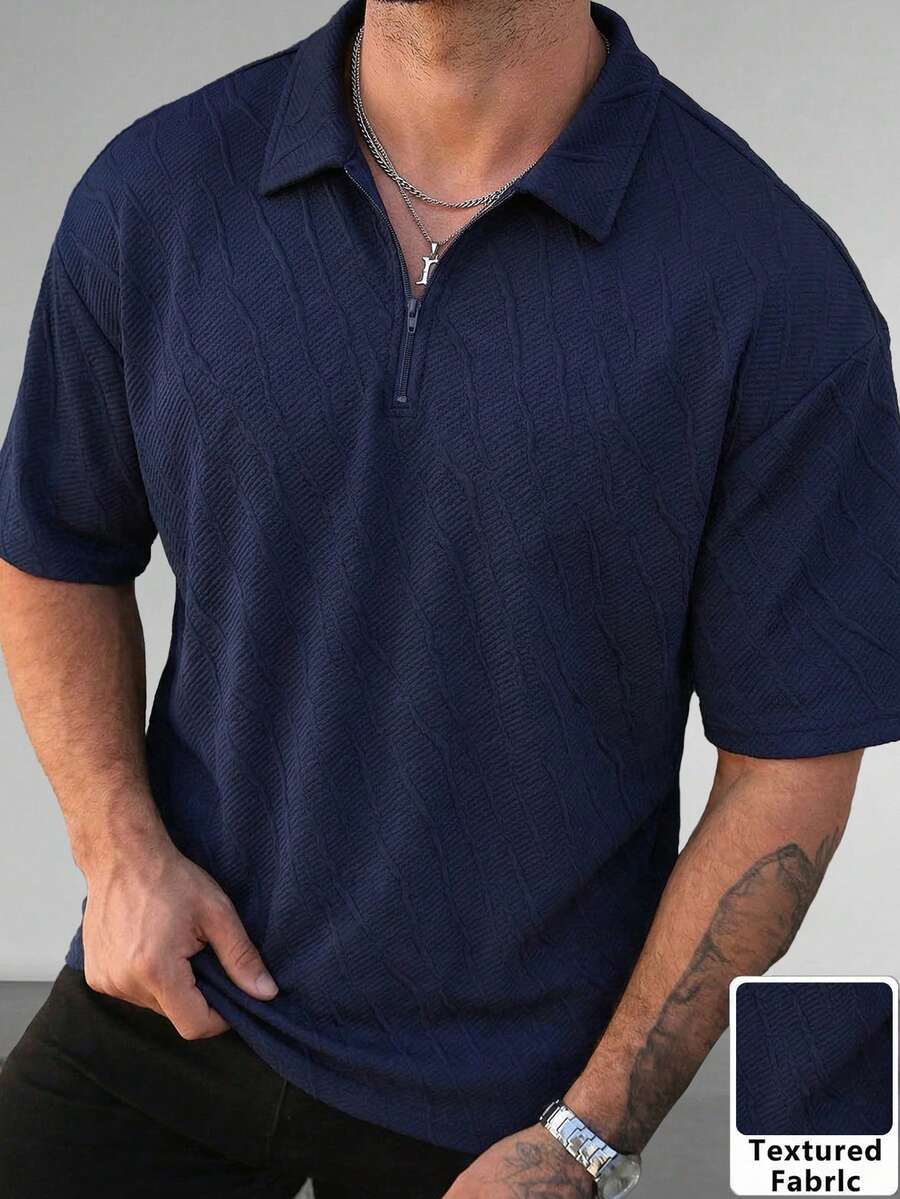 男士时尚纯色百搭 Polo 领半拉链短袖 T 恤 - 藏蓝色 - 查看 1