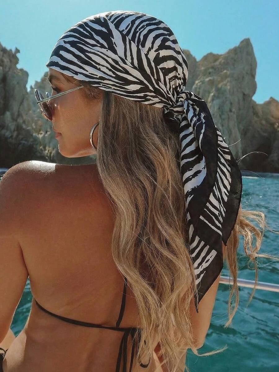 1条女士优雅斑马纹90厘米缎面方巾/头巾，适合休闲时尚户外佩戴，可作围巾、头巾、披肩，防风防晒。 - 黑色 - 查看 1