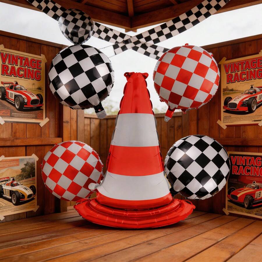 Bộ 5 quả bóng bay hình rào chắn cỡ lớn 88cm, chất liệu giấy bạc, họa tiết kẻ caro đen trắng, kẻ caro đỏ trắng, chủ đề đua xe. - Xem 1