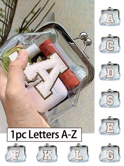 1 pieza Monedero transparente nuevo con parche de letra (iniciales A-Z), billetera corta de mujer, bolsa cosmética retro, bolsa de almacenamiento portátil mini transparente con cierre de beso, bolsa cosmética transparente y resistente al agua de PVC de uso múltiple, bolso transparente lindo y bolsa cosmética, bolso ligero transparente, bolso de embrague transparente de vinilo con cierre de beso plateado