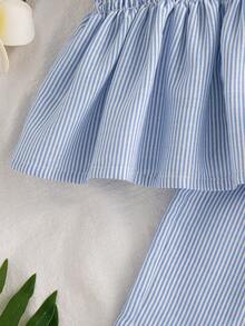 Conjunto de verão feminino com duas peças: conjunto sem mangas com estampa floral e listras em estilo retrô, ideal para atividades ao ar livre. - Azul - Ver 7