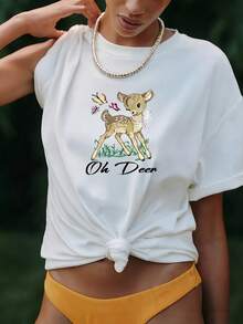 Women's Summer Short Sleeve Graphic T-Shirt, White Deer Animal Print Top, New Fashion - White - View 1