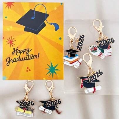 2026届毕业典礼礼物套装（10件/5套），金色合金多款式毕业帽、鲜花、证书钥匙扣套装，含励志贺卡 - 龙虾扣，耐用锌合金材质 | 适合学生、上班族、朋友 | 生日、圣诞节、感恩节/毕业季送给闺蜜的礼物