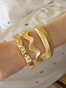 3pcs/Set Luxury Geometric Asymmetrical Smooth CCB Bangle Bracelet Set, Versatile Layered Wear Jewelry - Gold - View 3
