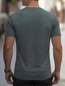 Men's Casual Round Neck Sports T-Shirt, Summer Sports Solid Color Men's Clothing Short Sleeve, Sports Running T-Shirt Short Sleeve, Suitable For Daily Wear Men's Top - Dark Grey - View 3