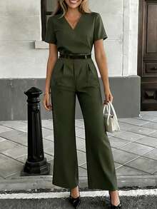 Women's Elegant Casual Outfit With Design Sense, V-Neck T-Shirt + High Waist Straight Leg Pants, Suitable For Daily Commute And Outings, Spring/Summer 2-Piece Set - Green - View 4