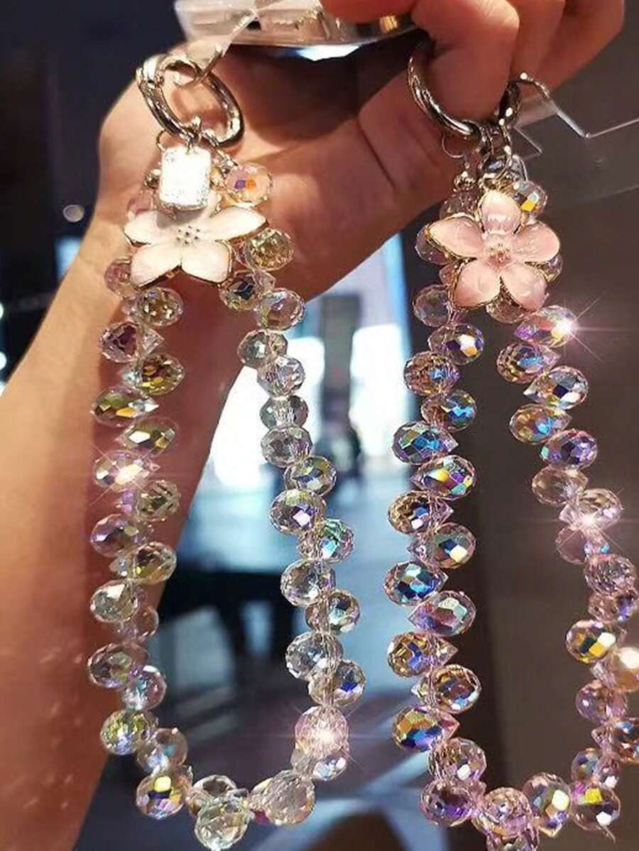 1条花卉水晶手机挂绳，独特高端女士手机壳挂饰，串珠手链短腕带，适合户外旅行和购物，防止手机丢失 - 彩色 - 查看 1