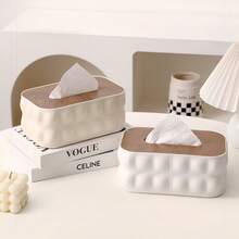 1pc Minimalist Creative Wooden Lid Plastic Tissue Box, Dining Room, Living Room, Office Desk Paper Towel Holder, Desktop Storage Box - Multicolor - View 9