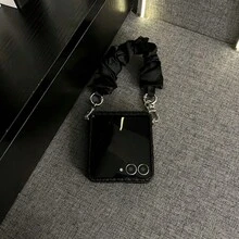 奢華極簡草編紋黑色手機殼，附皺褶絲綢腕帶，適用於 Galaxy ZFlip7、Flip8、Z Flip6、ZFlip 5、Zflip6、Zflip5，防震背蓋 - 黑色 - 查看 8