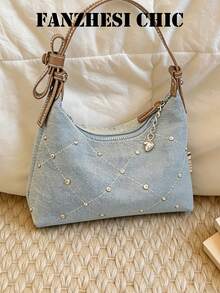 New Fashion Classic All-Match Solid Color Quilted Embroidery Thread Design, Rhinestone Inlaid Design Bow Handbag, Old Washed Fabric Shoulder Bag, Suitable For Shopping, Commuting To Work, Going Out For Parties - Brown - View 1
