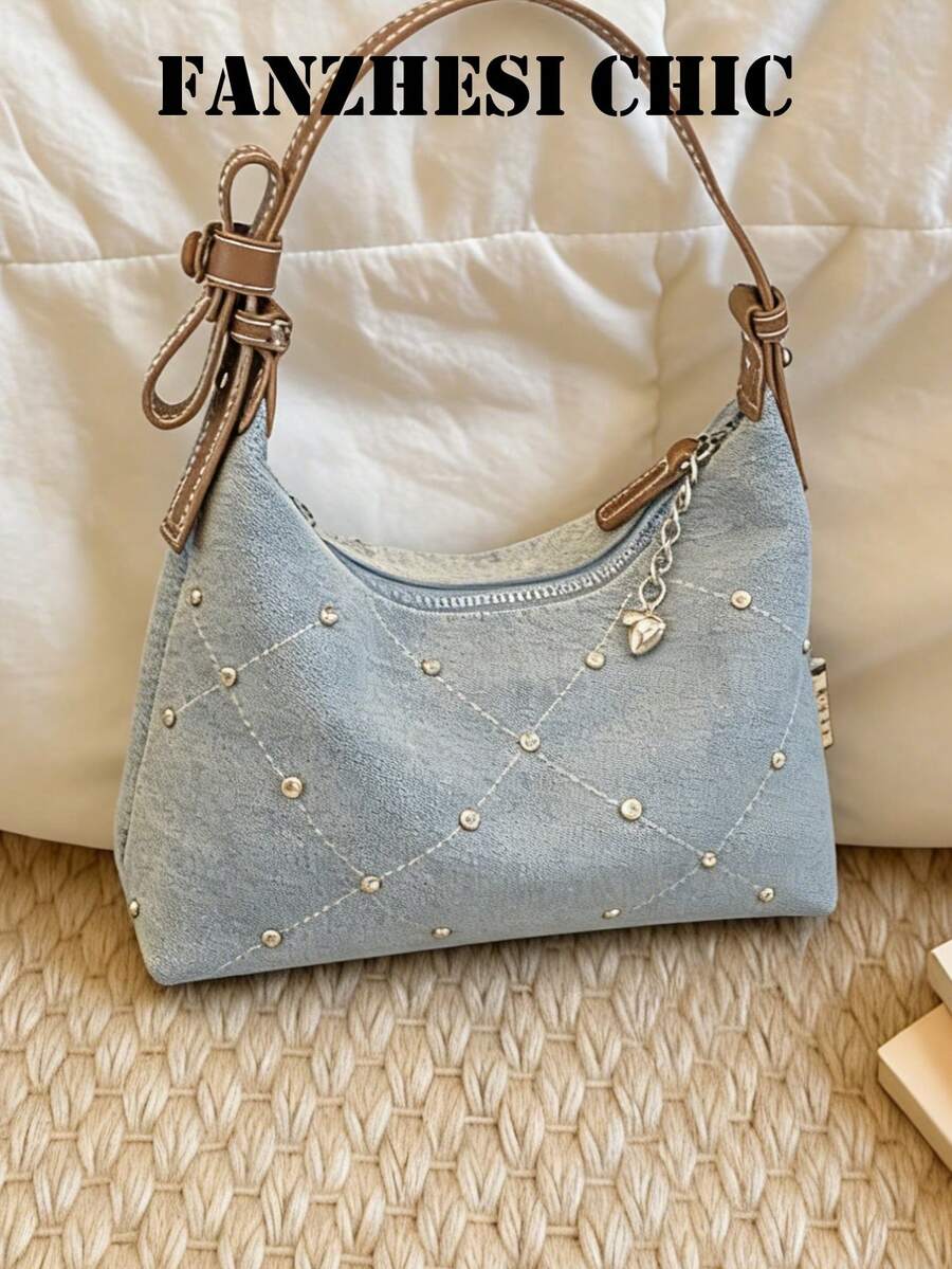 New Fashion Classic All-Match Solid Color Quilted Embroidery Thread Design, Rhinestone Inlaid Design Bow Handbag, Old Washed Fabric Shoulder Bag, Suitable For Shopping, Commuting To Work, Going Out For Parties - Brown - View 1