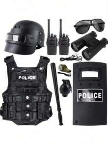 Youth Role Play Costume Set, Includes Helmet, Vest, Shield, Baton, Walkie-Talkie, Suitable For Birthday Party Cosplay Games - Multicolor - View 9