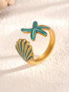 1pc 18K Gold Plated Stainless Steel Bohemian Style Geometric Gold & Blue Enamel Starfish & Shell Adjustable Open Ring, Suitable For Women's Daily Wear And Vacation, Great Gift For Holiday - Multicolor - View 2