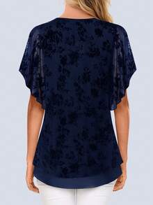 CheersLife Blouse d'été élégante et décontractée à double couche en maille, top ceinturé à col V et manches courtes pour femmes - bleu indigo - Voir 3