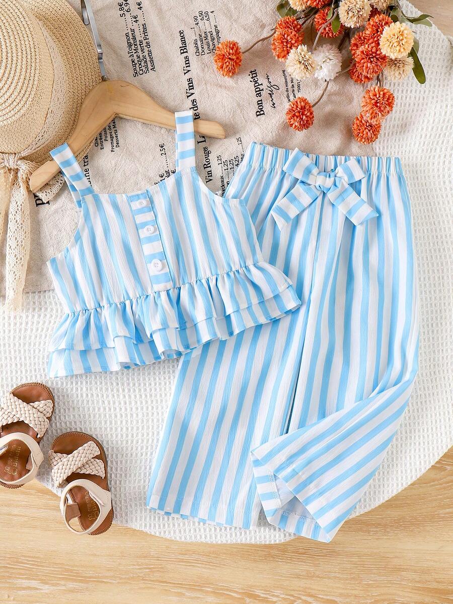Conjunto de verano a rayas para niña, camiseta de tirantes con volantes + pantalones de pierna ancha 2 piezas, decoración con botones delicados y gran lazo, tela transpirable, suelto y cómodo, conjunto de vacaciones dulce - Azul - Ver 1