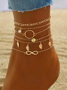 5pcs/Set Gold Infinity Symbol & Leaf Pendant Beach Style Anklet, Versatile For Daily Wear And Vacation - Gold - View 1