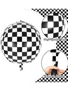 2/4/6 piezas Globos de coche de carreras a cuadros de aluminio, globos de coche de carreras a cuadros de 22 pulgadas 4D, globos a cuadros blanco y negro, decoraciones de fiesta de cumpleaños con tema de coche de carreras con cintas negras, adecuado para decoración de fiesta con tema de coche de carreras, baby shower - Multicolor - Ver 5
