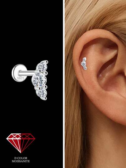 1件装莫桑石925纯银耳环，女士经典耳钉，耳廓耳软骨平底设计，适合日常佩戴、婚礼订婚等场合，精美珠宝。